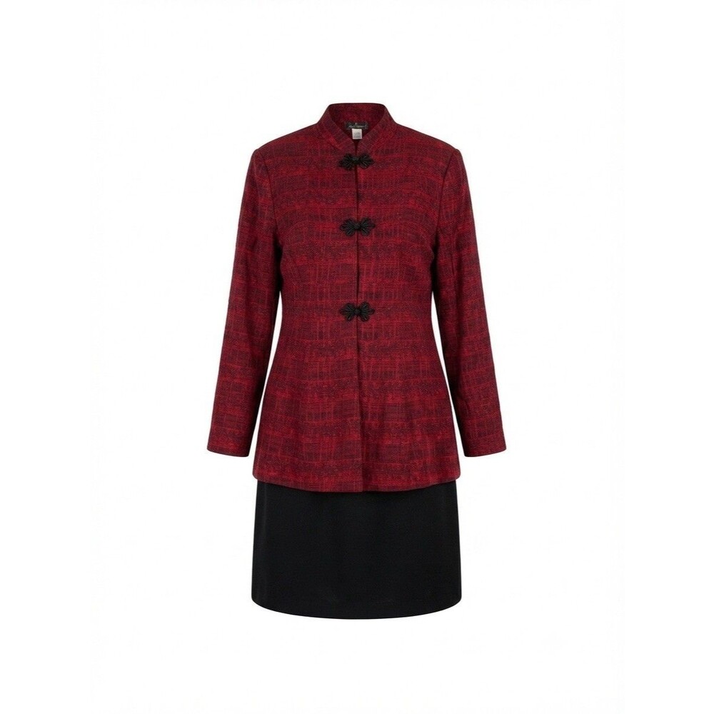 VTG 90s K.C.Spencer Women Red Black Jacquard Mandarin Collar Long Sleeve Dresss